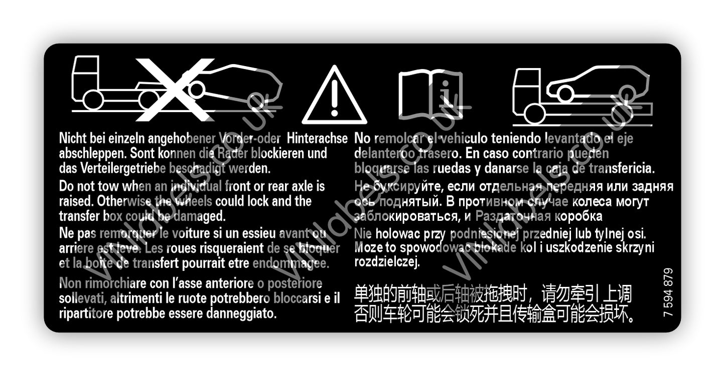 BMW group vehicles no-tow warning graphic & text decal